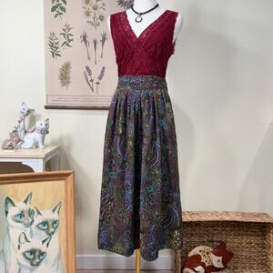 Vintage 80s 90s Green Purple Paisley Maxi Skirt Hippie Fairy Grunge Whimsigoth M